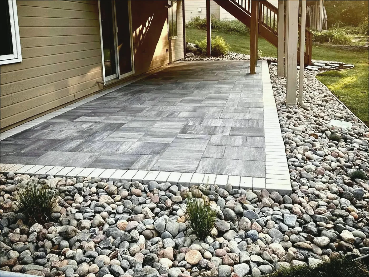 Paver patio beneath a deck with a river-rock border